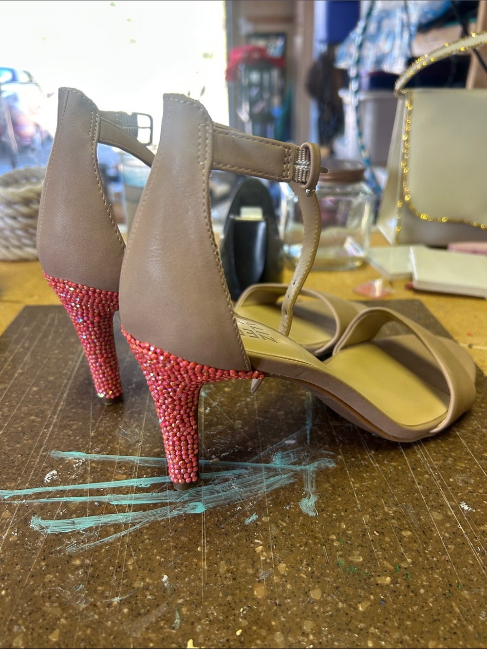 Naturalizer Taupe Ankle-Strap Sandals with Pink/Coral Beaded Heels